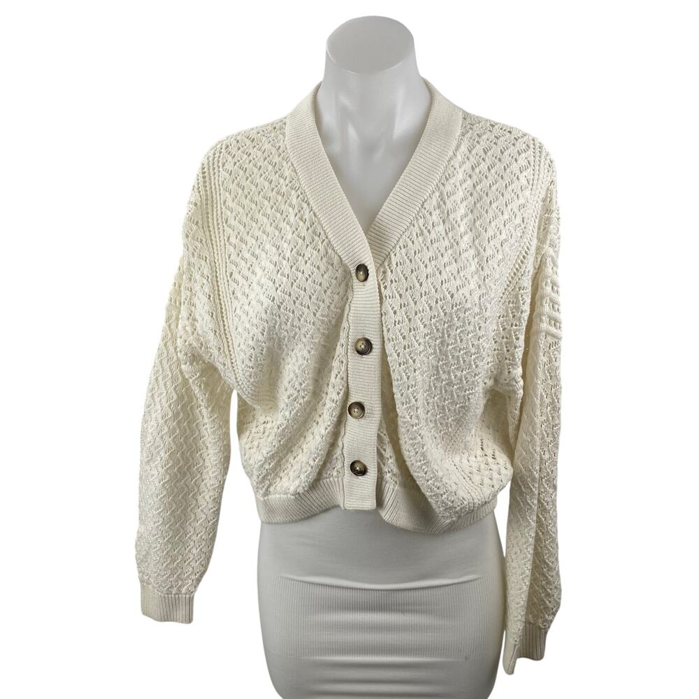 Splendid Audrey Women's Cream Button Down Crop Pointelle Cardigan Sweater Top S
